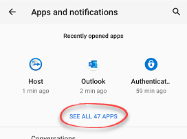 See list of all apps in apps and notifications