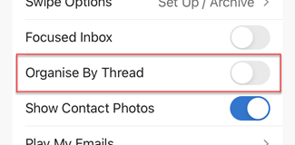 Organise by thread slider in Outlook app options