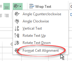 text angle drop down menu button with formal cell alignment option highlighted