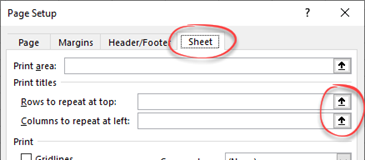 Page setup dialogue box, Sheet tab, rows and columns to repeat buttons highlighted