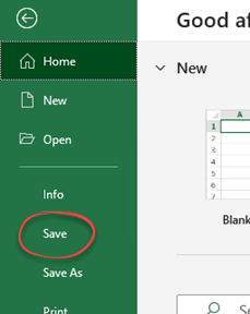 File, save option in Excel