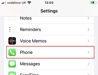 Phone option in settings app