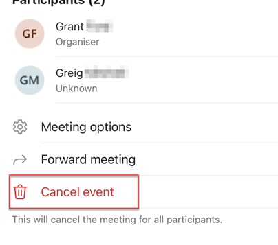 Teams meeting - cancel event button