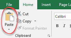paste button in ribbon