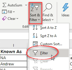 Sort and Filter button drop down menu with filter highlighted