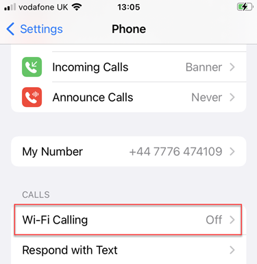 Wifi Calling option in settings
