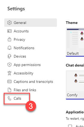Calls settings, Calls highlighted