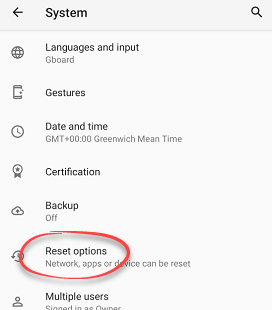 Reset option in system options on Android