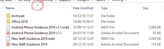 Column header highlighted showing which column is being used to sort the files