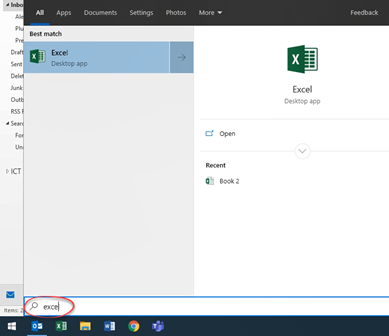 Searching for Excel in the start menu