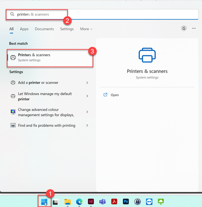 Start menu searching for printers and scanners in Windows 11