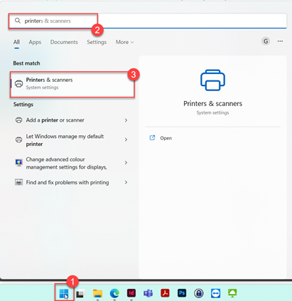 Searching for Printers and Scanner in the Windows 11 start menu