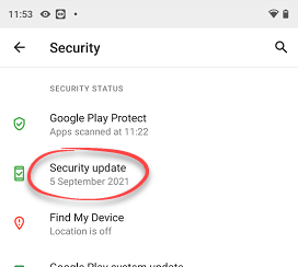 Security update in the security menu in android