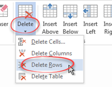 Delete button drop down menu in table ribbon