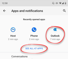 Click outlook app in apps and notifications setting