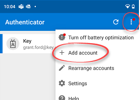 Menu option in Authenticator App, Add Account option highlighted