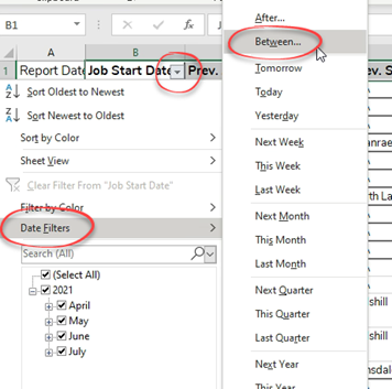 Date Filter, "between" option highlighted