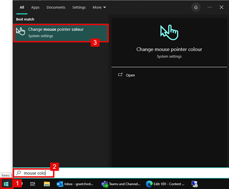 Windows button, mouse colour setting in start menu