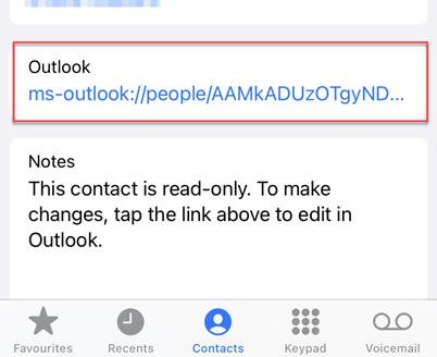 A contact stored on iPhone that originated in Outlook contacts