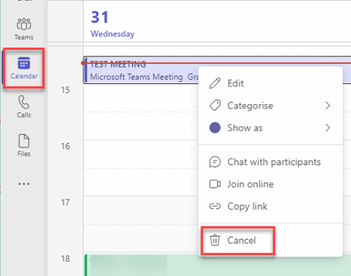 Calendar tab in Teams, Cancel meeting option selected