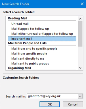 New Search Folder dialogue box