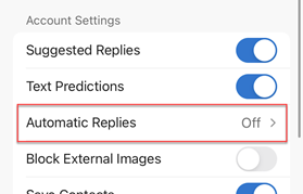 Automatic replies slider options in outlook app