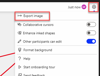 Settings, export image in whiteboard app in Teams meeting