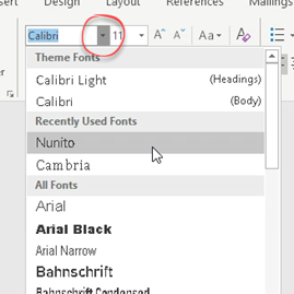 Font drop down menu