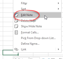 Right click, edit note selected