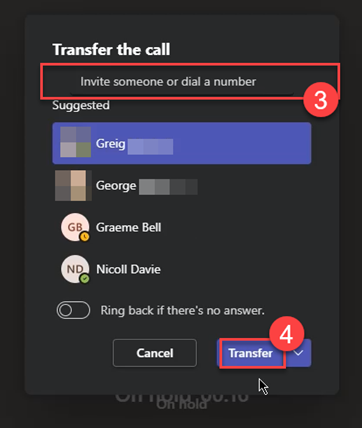 search for the person to call and then click transfer