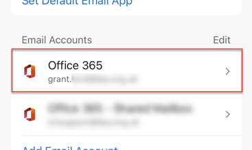 selecting your Office 365 account in outlook app