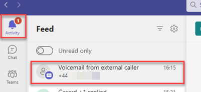 Activity feed showing a new voicemail