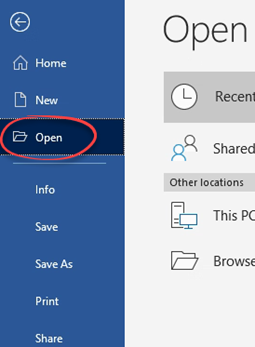Open option in the file menu in Microsoft Word
