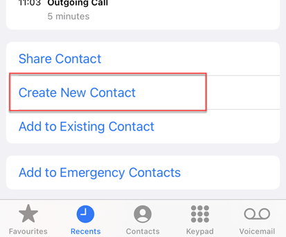 Create new contact from recent call
