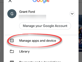 Manage apps and device in Google Play Store menu