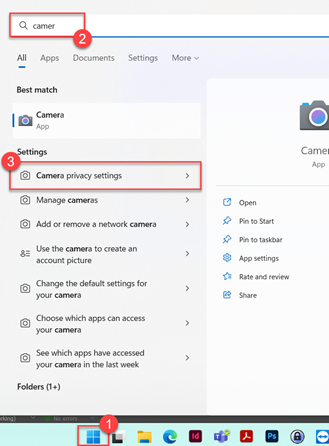Privacy Settings for the Camera app in the WIndows 11 start menu
