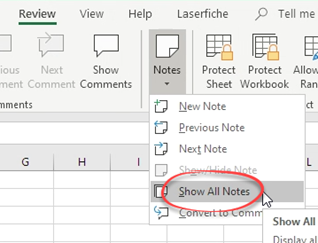 Notes button, Show all notes selected
