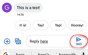 Example of a reply to a text message with the send icon highlighted