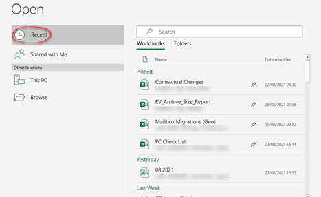 Recent file and folder list in Excel
