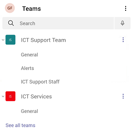 List of "teams" in the Teams app