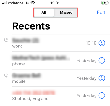 Recent call list in phone app on iPhone