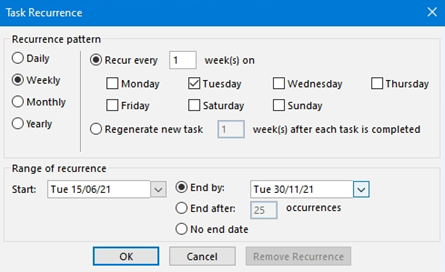 Task recurrence window