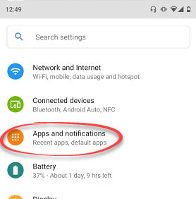 Apps and notifications option in settings