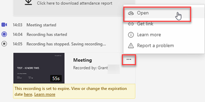 "Open link" option in meeting recording message