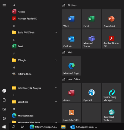 Start menu in the VDI