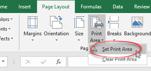 Print area drop down menu option, set print area option selected