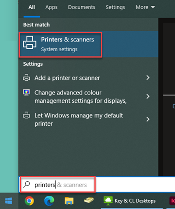 Printers and Scanners in the windows 10 start menu
