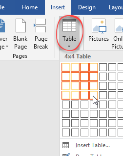 Table drop down menu in the Insert menu