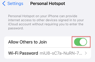 Allow others to join switched on in personal hotspot