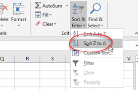 Sort and Filter drop down menu, sort z to a selected